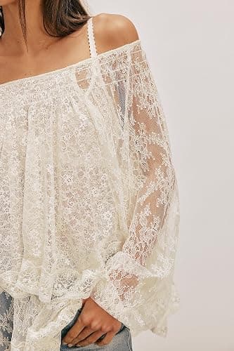 Women Sheer Lace Off The Shoulder Tops Lantern Long Sleeve Tiered Lacy Tops Loose See-Through Blouses thumbnail 5