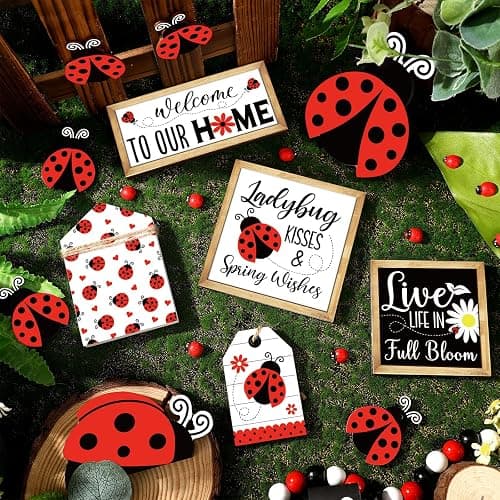 20 Pcs Ladybug Tiered Tray Decorations Spring Ladybug Wooden Blocks Sign Farmhouse Decorative Trays Red Ladybird Table Top Decor for Spring Decorations Home Kitchen Shelf Display Holiday Housewarming thumbnail 6