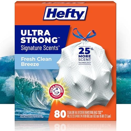 Hefty Ultra Strong Signature Scents 13 Gallon Trash Bags, Fresh Clean Breeze Scent, Tall Kitchen Trash Bags with 25% More Scent Technology, White, 80 Count - Image 1