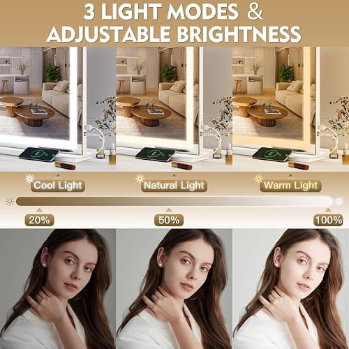 ROLOVE Vanity Mirror with Lights, 32" x 22" Large Lighted Vanity Mirror with Dimmable 3 Modes, LED Makeup Mirror, USB Charging Port, Tabletop or Wall-Mounted Square White thumbnail 4