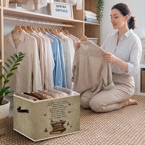 WNAGT Vintage Butterfly Book Foldable Storage Bins Box with Handles, Inspirational Bookish Collapsible Organizer Basket for Reading Room Nook Corner Library Home Clothes Books thumbnail 2