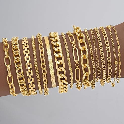 16 PCS Gold Bracelets for Women, Dainty Bracelets Set for Women Trendy, Gold Stackable Cuban Link Paperclip Chain Bracelet Pack Jewelry Gifts for Women thumbnail 2