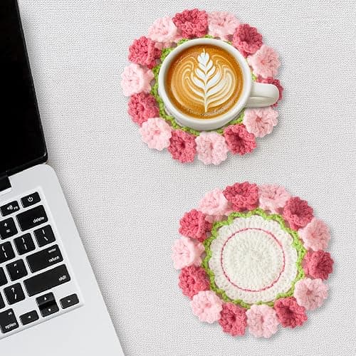 Crochet Flower Coasters, Handmade Bouquet Coasters with Crochet Plant Pot (Blush Pink, 1Pc) thumbnail 2