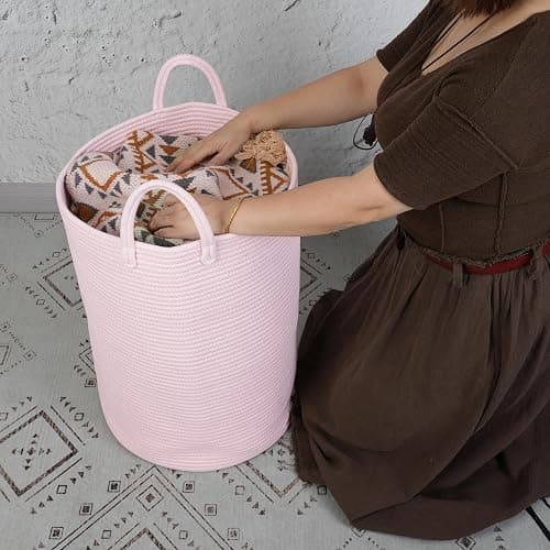 XUANGUO Cotton Rope Laundry Basket Hamper for Clothes Woven Storage Basket for Living Room Bedroom Boho Tall Rope Baskets for Blanket Toys Pillow Towels Baby Nursery Hamper Bin Large light pink thumbnail 2