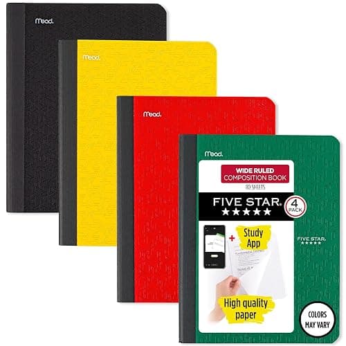 Five Star Composition Book + Study App, 4 Pack, Wide Ruled Paper, 7-1/2" x 9-3/4", 80 Sheets, Forest Green, Tidewater Blue, Fire Red and Harvest Yellow (950033B-ECM) - Image 1