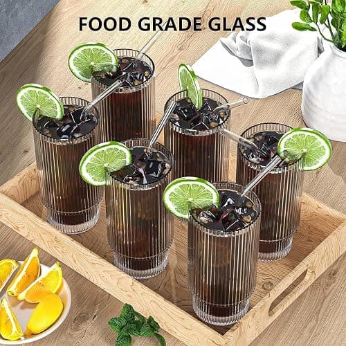 CWHHRN 16OZ Ribbed Glass Cups with Lids and Straws 4 Set, Vintage Glassware for Whiskey Cocktail Beer, Iced Coffee Cups with Lid, Glass Tumbler with Straw and Lid (4 PACK) thumbnail 7