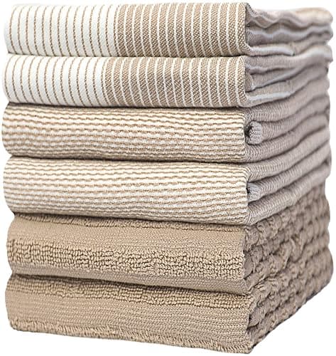 Premium Dish Towels (20”x 28”, 6 Pack) | Large Cotton Kitchen Hand Towels | | Flat & Terry Highly Absorbent Tea Towels Set with Hanging Loop | Tan - Tan - Image 1