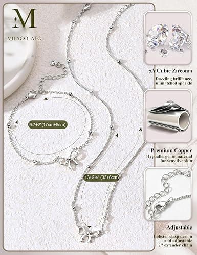 MILACOLATO Jewellery Set for Women Gold Silver Necklace and Bracelet Set | 14K Gold Plated Hypoallergenic Chorker Necklace Link Chain with Bow CZ Four Leaf Clover Dainty Wedding Bride Jewelry Set thumbnail 5
