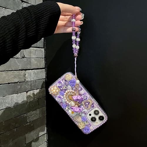 iFiLOVE for iPhone 14 Pro Bling Diamond Case with Flower Strap, 3D Luxury Sparkle Glitter Crystal Rhinestone Pearl Love Rose Wristband Bracelet Case Cover for Girls Women Kids (Champagne) thumbnail 4