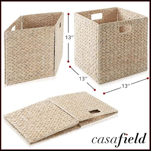 Casafield 13" x 13" Hyacinth Storage Baskets, Whitewash - Set of 6 Storage Organizers, Woven Wicker Cubes for Bathroom, Bedroom, Laundry, Shelves thumbnail 3