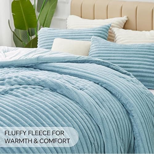 BEDELITE Fleece Queen Comforter Set -Super Soft & Warm Fluffy Light Blue Bedding, Luxury Fuzzy Heavy Bed Set for Winter with 2 Pillow Cases thumbnail 6