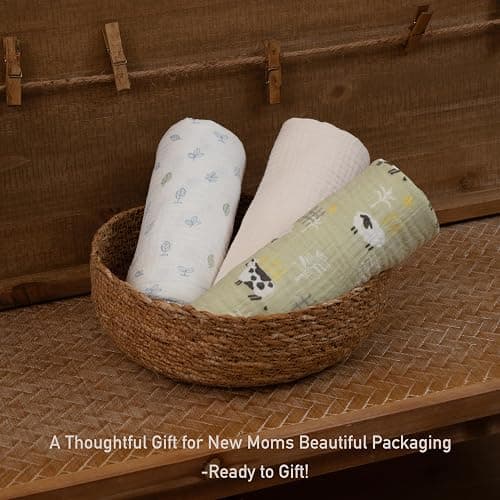 Muslin Swaddle Blankets for Newborn, 3 Pack Breathable Soft Receiving Blanket, Large 38 x 40 inches Swaddle Wrap Burping Clothes Diapers, Essentials Infant Shower Items, Toddler Gift (Cute Farm) thumbnail 7