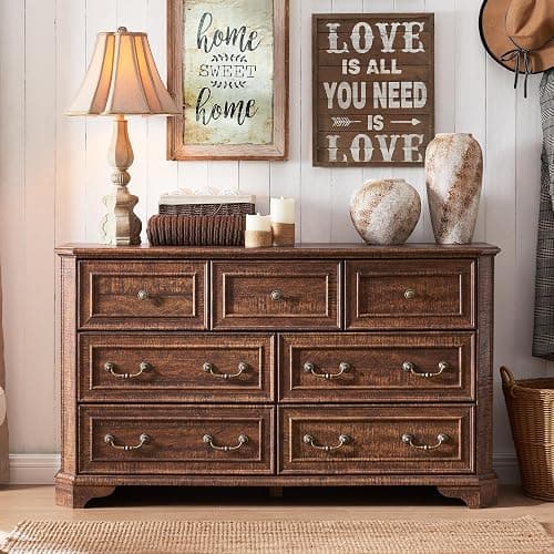T4TREAM Farmhouse 7 Drawers Dresser for Bedroom, 54" Wide Wood Rustic Chest of Drawers with Natural Texture, Vintage Design, Storage Dressers Organizer for Bedroom, Living Room, Reclaimed Barnwood thumbnail 3