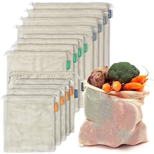 12+1 Reusable Produce Bags Grocery Washable, Organic Cotton Mesh Produce Bags, Double-Stitched & Tare Weigh, Mesh bags for vegetables, Cotton Produce Bags Reusable Washable, Produce bag 4xS, 4xM, 4xL - Image 1