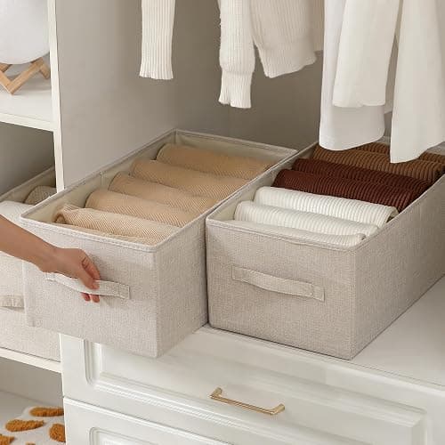 Linen Folding Storage Bins, 3 Pack Large Storage Baskets, Washable, Clothing Storage Bins with Handle, Closet Organizer for Storage Sweater,Sheets(Beige, 18½"x11" x8½") thumbnail 5