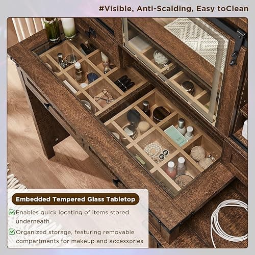 T4TREAM 48'' Farmhouse Makeup Vanity Desk with Sliding HD Mirror and Lights, Big Modern Lighted Vanity Table with 7 Drawers & Shelves, Rustic Large Dressing Table for Bedroom, Reclaimed Barnwood thumbnail 4