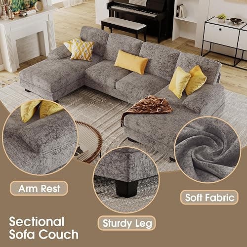 Furmax Sectional Couches for Living Room, U-Shaped Sofa Couch with Linen Fabric, 4 Seat Sofa Set with Double Chaise for Apartment (Fabric, Grey) thumbnail 5