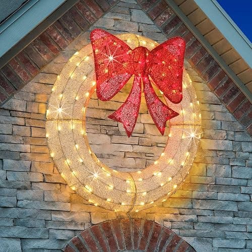 Lighted Christmas Wreaths, 48’’ Handmade Classic Christmas Wreaths with 50 Red and 120 Warm White LED Lights for The Outdoor Christmas Decoration-Golden - Golden - Image 1