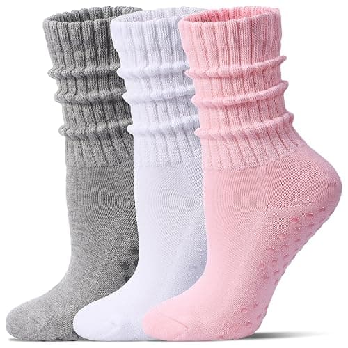 Toetally Pilates Socks for Women Mid Calf Slouch Yoga Socks with Non Slip Grippers for Barre Boot Sock 3 Pairs - Image 1