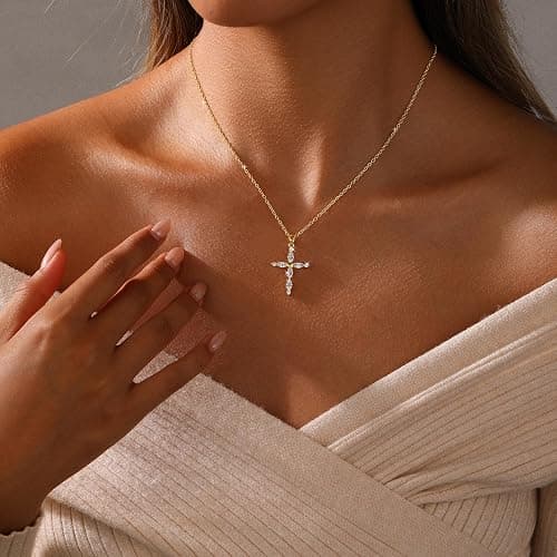 Lyncory Cross Necklace for Women,14K Gold/Silver Plated CZ Cross Charm Choker Pendant Dainty Gold Necklace Round Diamond Faith Religious Trendy Gifts for Women thumbnail 3