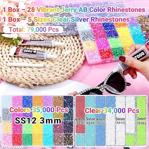 79000Pcs Jelly Rhinestones for Bedazzling, 2 Boxes Multicolor 3mm & Silver Clear 2/3/4/5/6mm Resin Flatback Gems for Crafting, Bedazzler Kit with 3Pcs 15ml B7000 Jewelry Glue for Crafts Clothes Book thumbnail 3