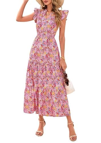 PRETTYGARDEN Women's 2026 Summer Floral Midi Dress Cap Sleeve V Neck Ruffle Long Flowy Boho Casual Beach Vacation Dresses - Image 1