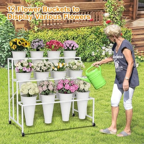 NEYCIL Flower Stand, 3-Tier Flower Display Stand with Buckets for Indoor Outdoor, Flower Cart Display Stand with Wheels for Courtyard, Balcony, Flower Shop, Wedding, Party, Exhibition (White) thumbnail 5