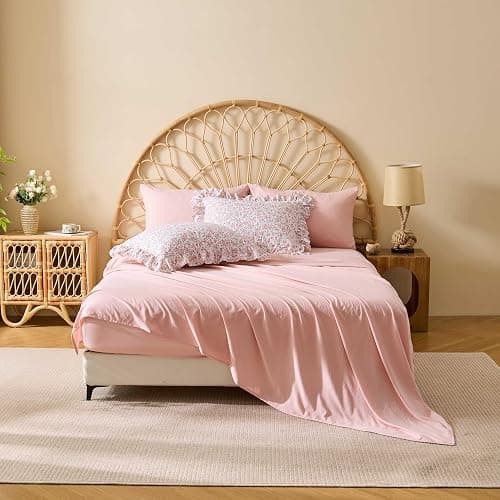 Veniklo Queen Comforter Set 7 Pieces Floral Pink Ruffle Bedding Set | Soft pre-washed fabric, shabby chic ruffle bedding, reinforcing ruffles, all season bed in a bag for bedroom, breathable thumbnail 8