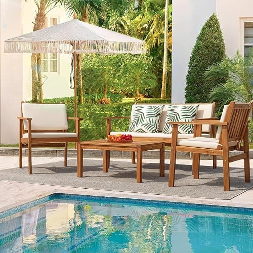 Flamaker Patio Furniture 4 Piece Outdoor Acacia Wood Patio Conversation Sofa Set with Table & Cushions Porch Furniture for Deck, Balcony, Backyard thumbnail 7