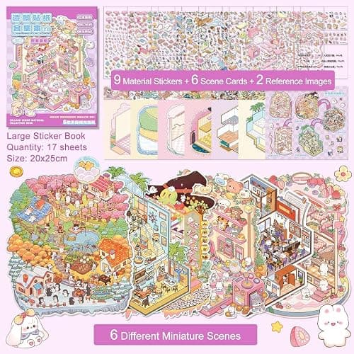 3D Sticker Scene Book,Miniature Craft Kit with 9 Sticker Sheets & 6 Cozy Room Cards for Kids and Adults DIY thumbnail 4