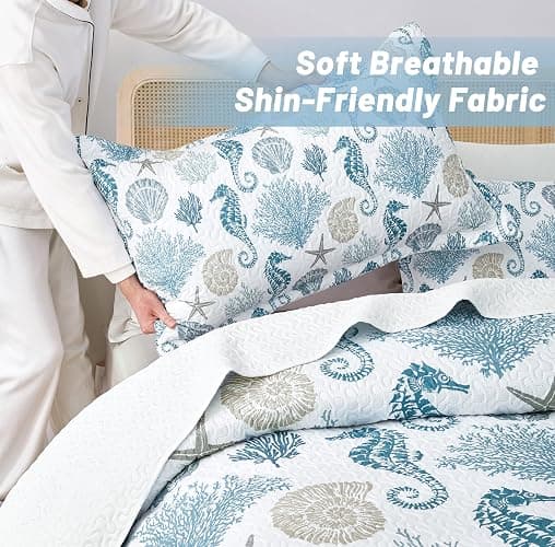 weesire Coastal Bedding Queen Size Coastal Quilt with 2 Shams, Nautical Beach Comforter Sets Ocean Bedspreads Blue Seahorse Coverlet Summer Bedding, 90''x96'' thumbnail 4