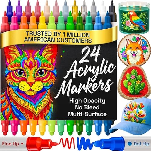 ARTISTRO 24 Acrylic Paint Markers for Rock, Fabric, Wood, Glass, Decoration - Dual-Tip Paint Pens for Coloring Books for Adults, Teens, Kids - Art and Craft Supplies Kit - Gift Idea - Image 1