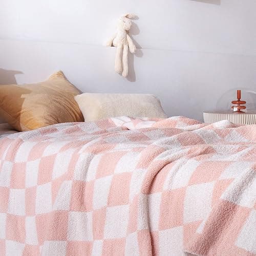 SeaRoomy Checkered Blanket, Ultra Soft Cozy Knit Throw Blanket Queen Size, Warm Fluffy Reversible Lightweight Checkerboard Knitted Blanket for All Seasons Pink Decor(Light Pink, 90"×90") thumbnail 6