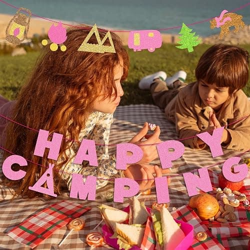 Kristin Paradise Happy Camping Banner, Glamping Party Sign Decorations for Girl, Pink Camper Theme Supplies, Camp Birthday Themed Decor thumbnail 3