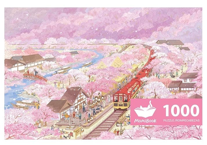 MOMIBOOK 1000 Piece Puzzle for Adults Jigsaw Puzzles of Arashiyama Sakura Tour, Painting Image Cherry Blossom Difficult Challenging Impossible Puzzle Unique Party Christmas Birthday Gifts - Image 1