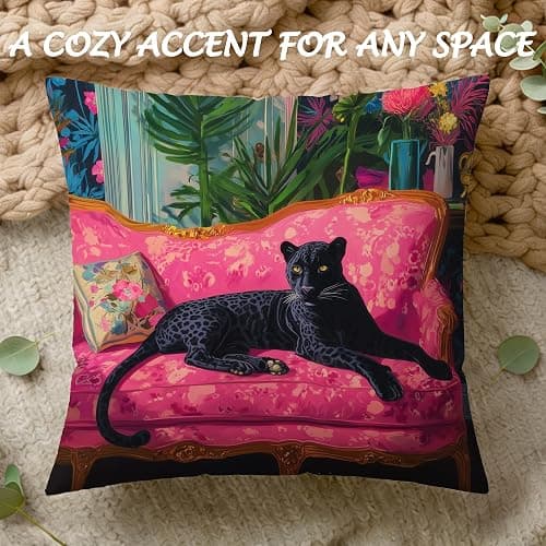 WDSFHYJK Vintage Black Panther Cheetah Pillow Cover 18x18 Double-Sided, Cheetah Room Decor, Maximalist Hot Pink Sofa Tropical Jungle Leopard Decorative Throw Pillow Cover Pillowcases for Home Bedroom thumbnail 3