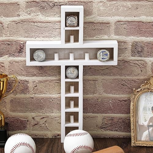 Teenyyou Baseball Ring Holder Display Case 12 Posts Softball Championship Ring Holder 9 x 14 Inches Wall Mount Cross Wooden Shadow Box for Storing Sports Champion Souvenirs thumbnail 2