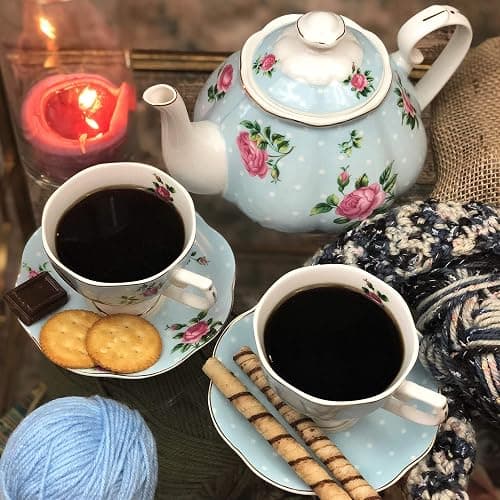 BTaT- Floral Tea Sets for Adults, 13 pcs, Service for 4, Pot (38 oz) & Cups (8 oz) with Saucers, Pastel Blue Floral Design, Porcelain Tea Set for Adult, Dishwasher Safe, Mothers Day Gift thumbnail 2
