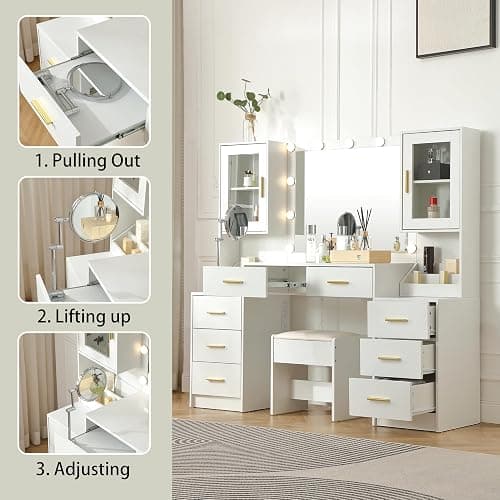 FOREST GRAVITY 58.3'' Large Vanity with Folding Up Mirror and Lights,Makeup Vanity Desk with Mirror and Lights,Outlet, Chair and Two Makeup Organizers,Dressing Table for Bedroom,White thumbnail 4