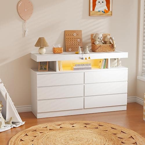 BEWISHOME White Dresser for Bedroom with Charging Station and LED Lights, Wood 6 Drawer Dresser TV Stand with Open Space, Modern Wide Dressers Chest of Drawers for Closet, Living Room, White KCG02W thumbnail 8