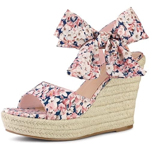 Allegra K Women's Platform Sandal Wedge Heels | 4 1/2 inches Heel, Espadrille, Bow, Comfortable, Fabric, perfect for Evening Party, Wedding, Date Night - Image 1