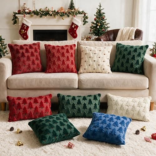 AVOIN colorlife Christmas Tree Green Throw Pillow Covers 18x18 Inch 2PC | Gold Border Christmas Tree Festivals Winter Soft Plush Faux Fur Cushion Case Decoration for Sofa Couch Set of 2 thumbnail 5