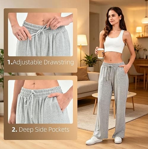 SINOPHANT Women's Wide Leg Sweatpants – High Waisted Baggy Lounge Pants with Pockets Soft Stretchy Fabric Sizes XS-XL thumbnail 3