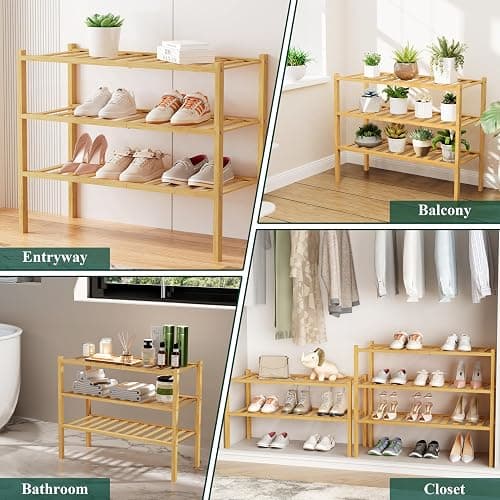 Smiry Shoe Rack, 3 Tier Bamboo Shoe Organizer, Stackable Free Standing Wooden Shoe Storage Shelf for Closet, Entryway, Front Door Entrance, Natural thumbnail 7