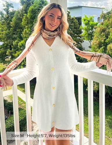 ZESICA Women's Fall Long Sleeve Sweater Dress 2026 Casual V Neck Button Ribbed Knit A Line Swing Mini Dresses thumbnail 5