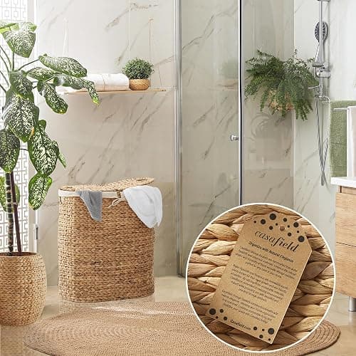 Casafield Oval Laundry Hamper with Lids and Removable Liner Bags - Natural, Woven Water Hyacinth 2-Section Laundry Basket Sorter for Clothes and Towels thumbnail 3