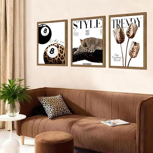 Trendy Leopard Canvas Wall Art Set of 3, Funky Cheetah Lucky 8 Ball Pictures Wall Decor Prints, Preppy Aesthetic Paintings, Girly Aesthetic Home Decor for Living Room Bedroom Dorm 12x16in Wood Framed thumbnail 2