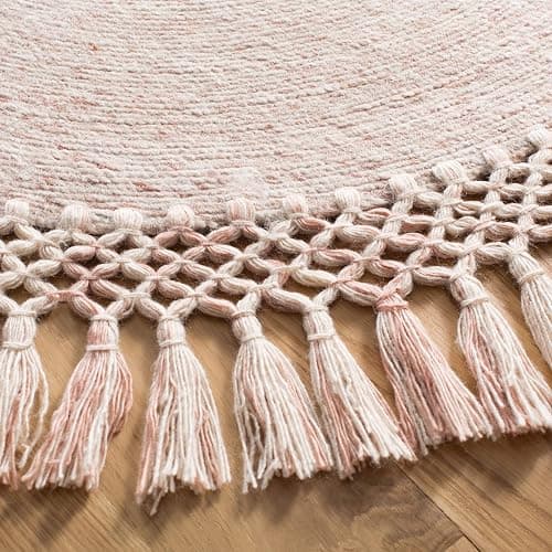 SAFAVIEH Sahara Collection 4' Round Pink SAH490U Handmade Boho Tassel Area Rug thumbnail 3