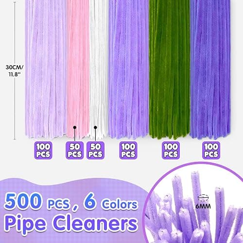 LINAYE 500 PCS Pipe Cleaners Craft, 6 Colors Pipe Cleaners Flowers Kit, Chenille Stems for Crafts with Instruction Wrapping Paper, Flower Stamens, Stems Art and Craft Supplies Purple thumbnail 2