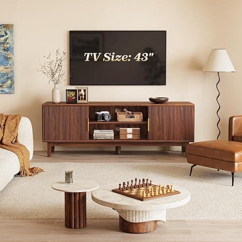 PRAISUN 54 Inch Fluted TV Stand for TVs Up to 55, 60 Inch, Mid Century Modern Entertainment Center with Storage, TV Console with Adjustable Shelves, Midea Console for Living Room Bedroom, Brown thumbnail 2